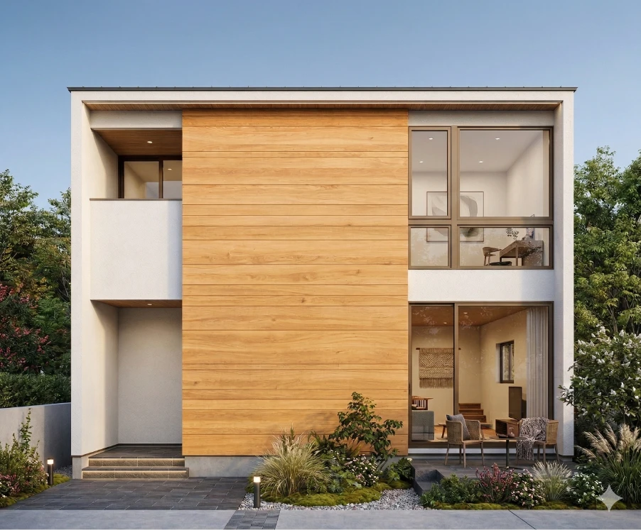 中央に木目調の壁、大きなガラス窓と緑に囲まれたモダンな2階建て住宅の外観