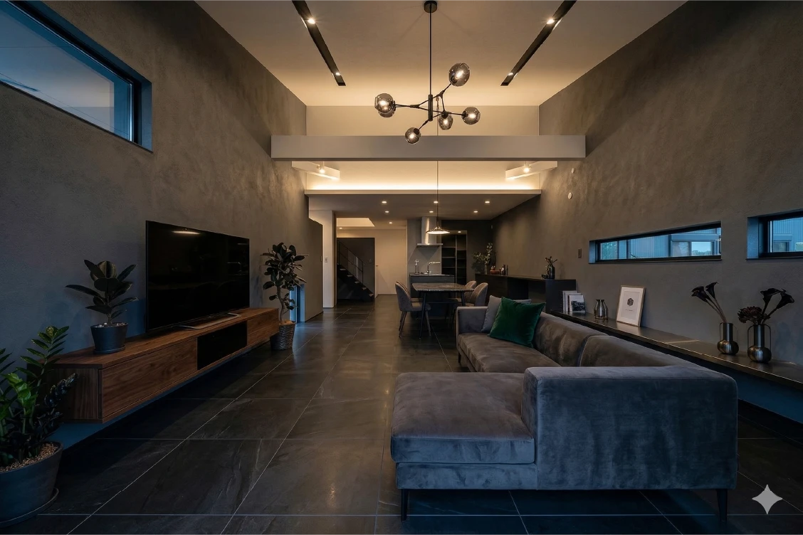 天井が高く、ダークトーンの壁と間接照明が印象的なモダンなリビング空間