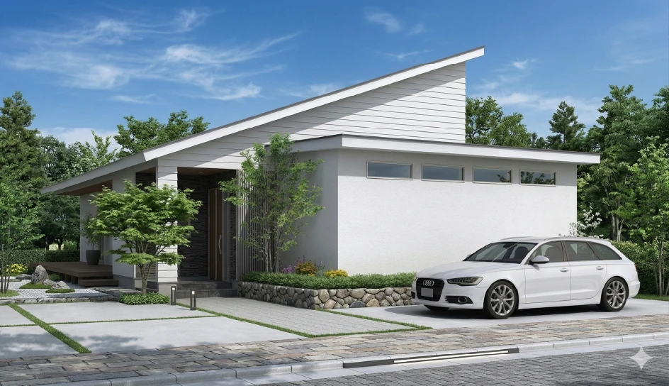 傾斜屋根の白い平屋住宅の外観。駐車中の車と青空、緑の木々