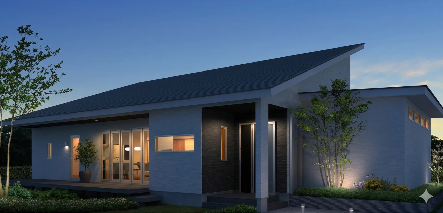 夕暮れの住宅外観。窓や外構から漏れる暖かい灯りが印象的