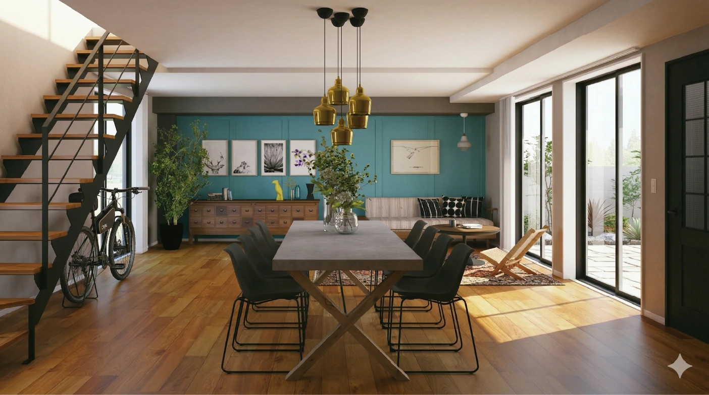 木製のダイニングテーブルと黒い金属製の階段、大きな窓から光が入るリビングダイニング