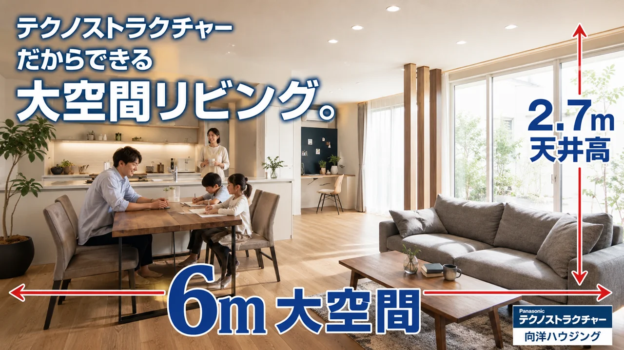 テクノストラクチャー工法による大空間と高い天井のあるリビング・ダイニング