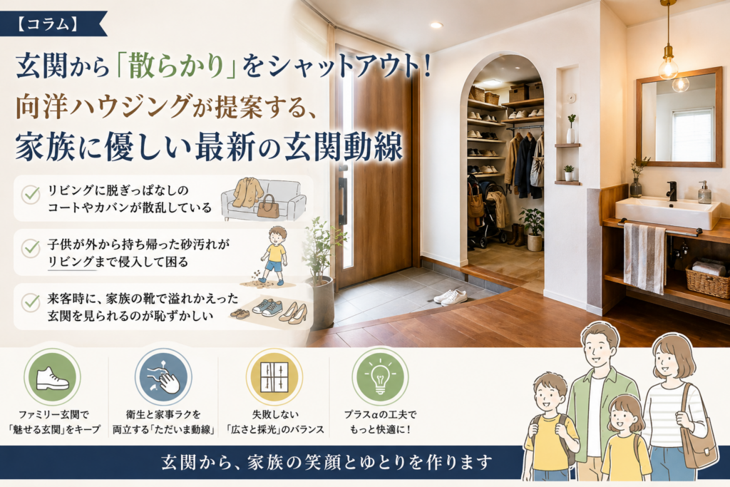 【コラム】玄関から「散らかり」をシャットアウト！向洋ハウジングが提案する、家族に優しい最新の玄関動線