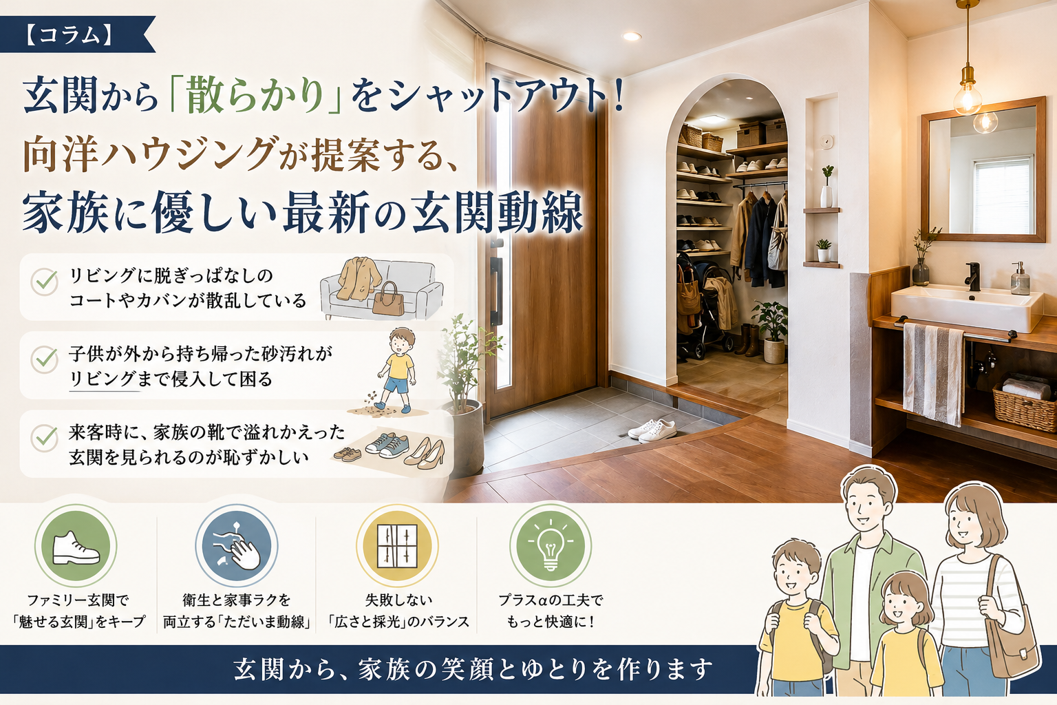 【コラム】玄関から「散らかり」をシャットアウト！向洋ハウジングが提案する、家族に優しい最新の玄関動線