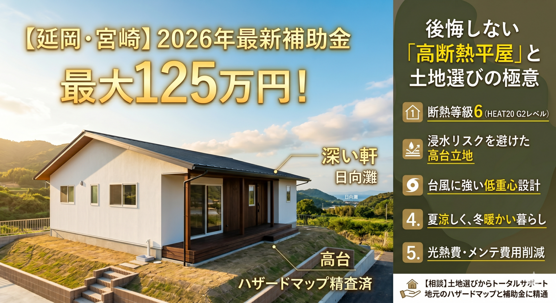 【延岡・宮崎】2026年最新補助金125万円を活用！後悔しない「高断熱平屋」と土地選びの極意