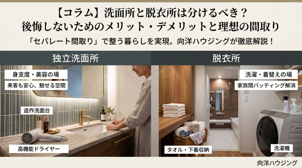 【コラム】洗面所と脱衣所は分けるべき？後悔しないためのメリット・デメリットと理想の間取り