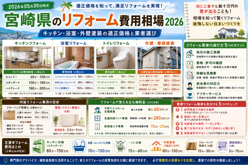宮崎県のリフォーム費用相場2026｜キッチン・浴室・外壁塗装の適正価格と業者選び