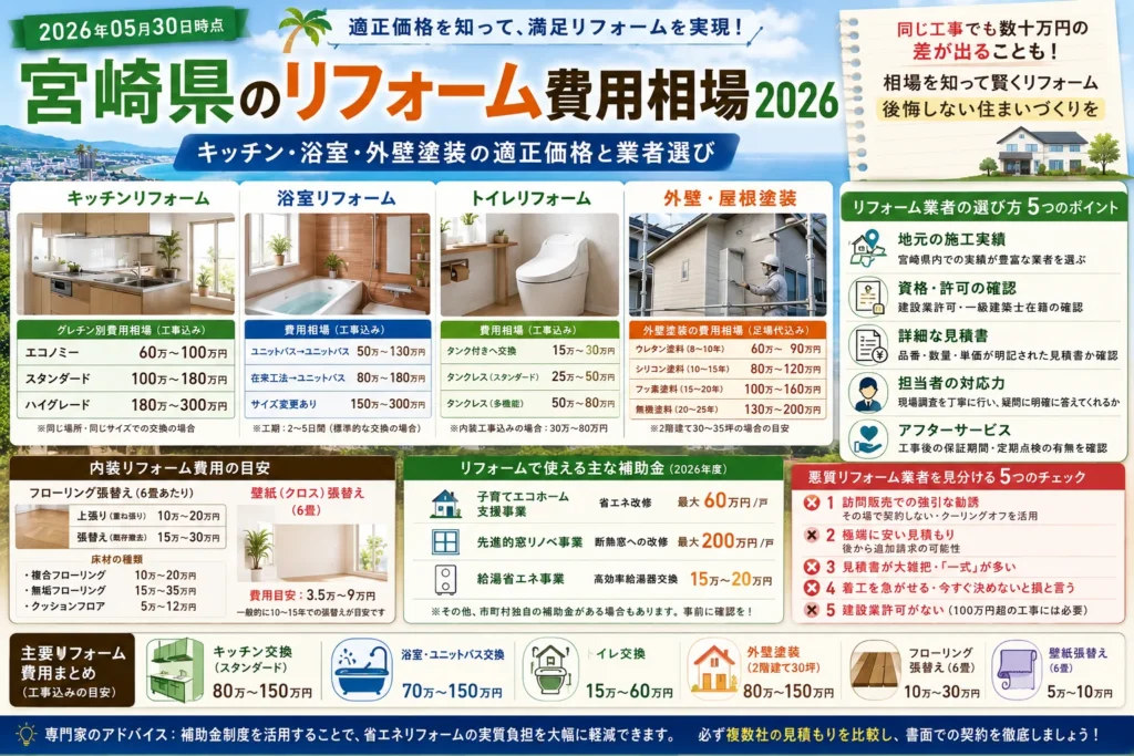 宮崎県のリフォーム費用相場2026｜キッチン・浴室・外壁塗装の適正価格と業者選び