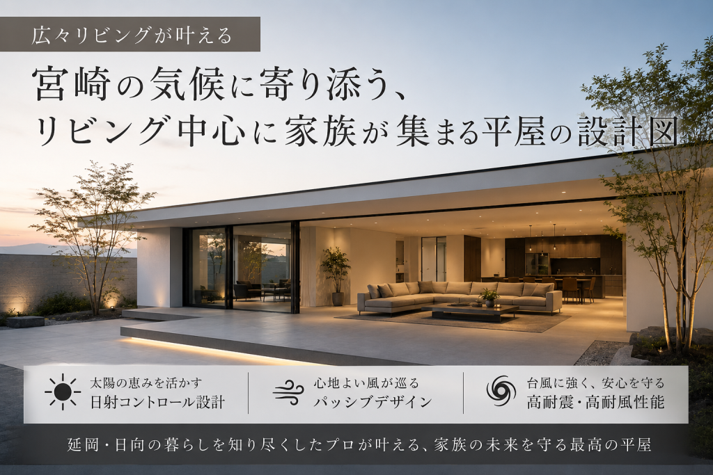 【広々リビングが叶える】宮崎の気候に寄り添う、リビング中心に家族が集まる平屋の設計図