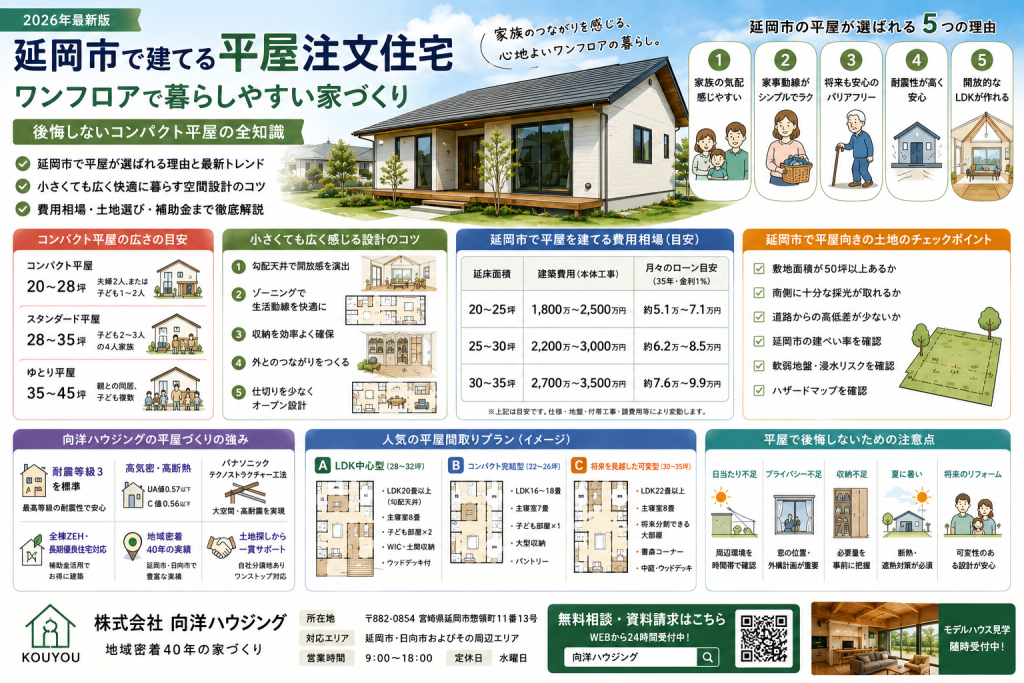 延岡市で建てる平屋注文住宅【2026年最新版】ワンフロアで暮らしやすい家づくり完全解説｜後悔しないコンパクト平屋の全知識