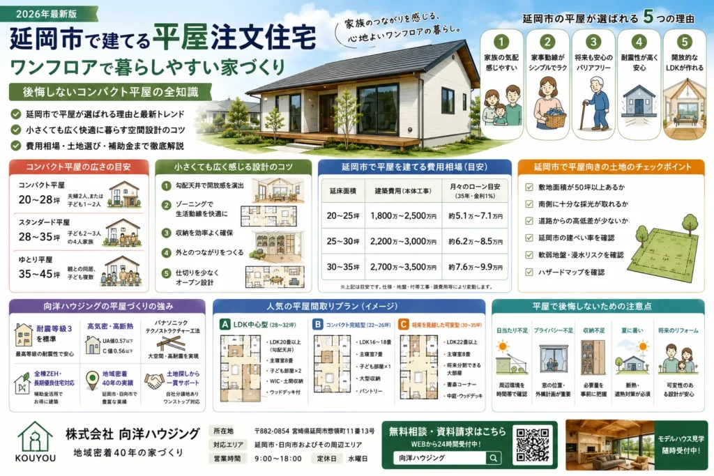 延岡市で建てる平屋注文住宅【2026年最新版】ワンフロアで暮らしやすい家づくり完全解説｜後悔しないコンパクト平屋の全知識