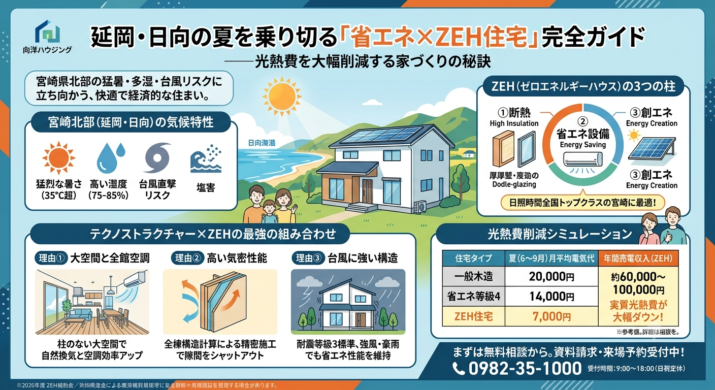 延岡・日向の夏を乗り切る「省エネ×ZEH住宅」完全ガイド——光熱費を大幅削減する家づくりの秘訣