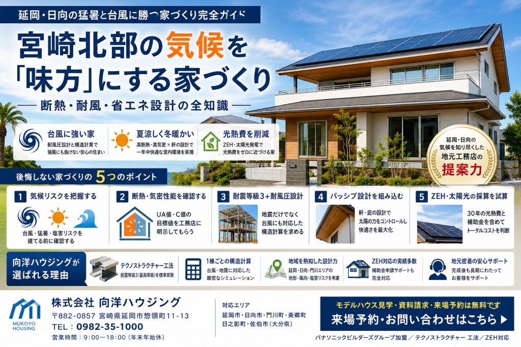 延岡・日向の猛暑と台風に勝つ家づくり完全ガイド——宮崎北部の気候を「味方」にする断熱・耐風・省エネ設計の全知識