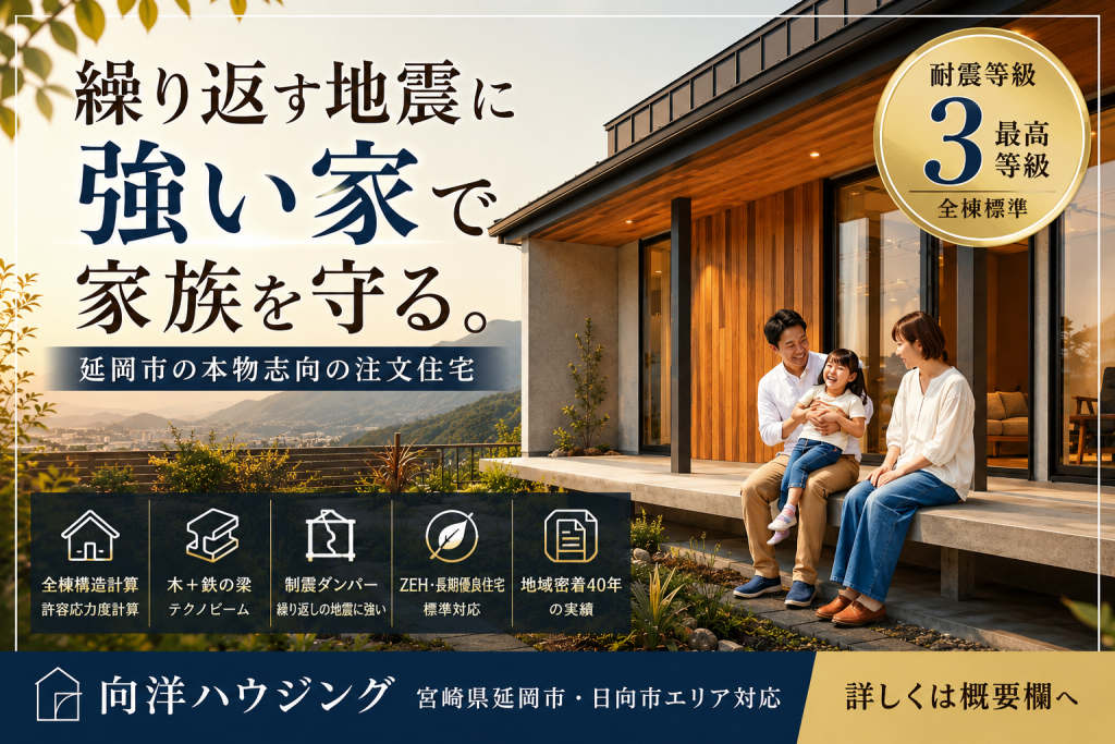 繰り返す地震に強い家で家族を守る｜延岡市の本物志向の注文住宅【2026年最新版・完全解説】「許容応力度計算・全棟構造計算」が当たり前ではない現実と、向洋ハウジングが全棟実施する理由
