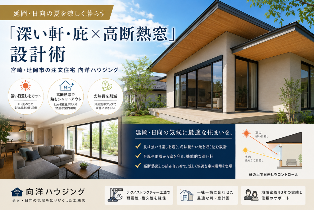 延岡・日向の夏を涼しく暮らす「深い軒・庇（ひさし）×高断熱窓」設計術｜宮崎・延岡市の注文住宅 向洋ハウジング