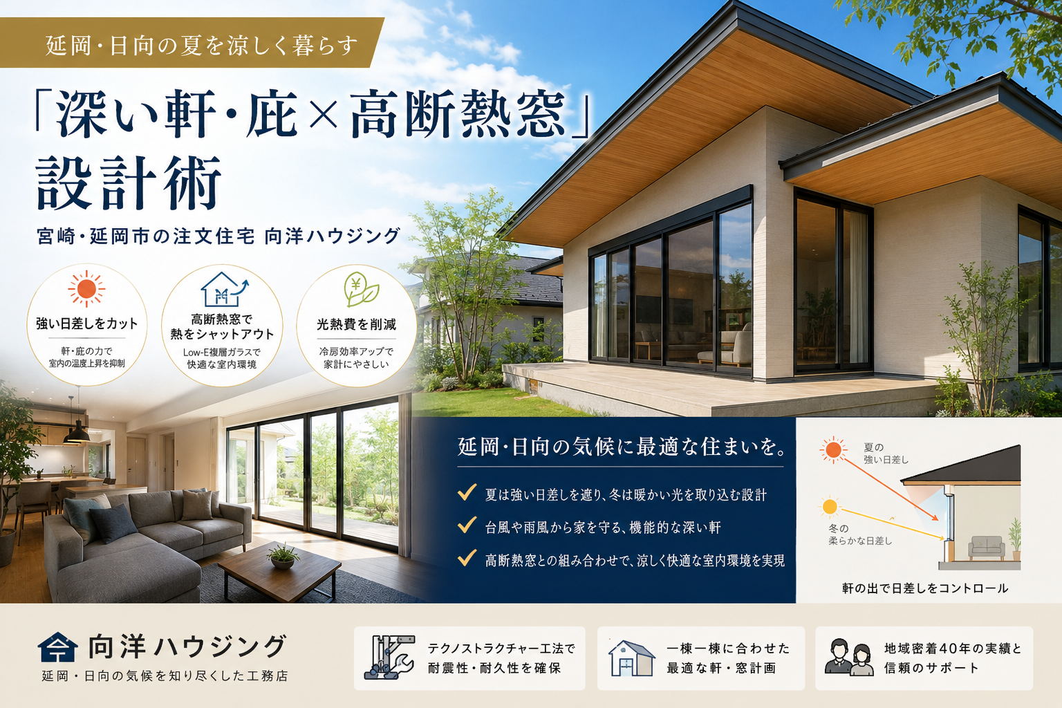 延岡・日向の夏を涼しく暮らす「深い軒・庇（ひさし）×高断熱窓」設計術｜宮崎・延岡市の注文住宅 向洋ハウジング