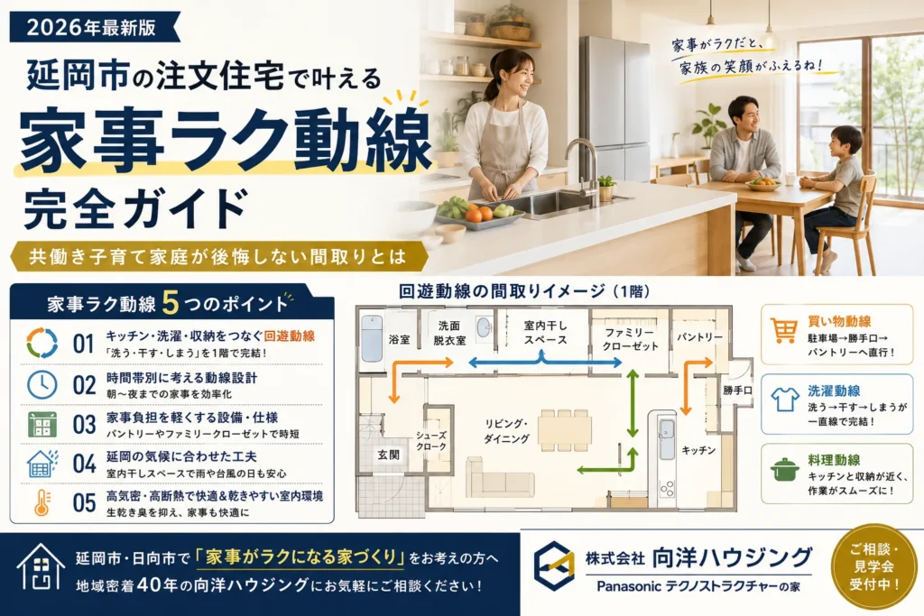 延岡市の注文住宅で叶える「家事ラク動線」完全ガイド【2026年最新版】共働き子育て家庭が後悔しない間取りとは