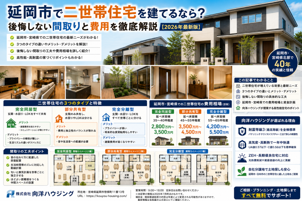 延岡市で二世帯住宅を建てるなら？後悔しない間取りと費用を徹底解説【2026年最新版】