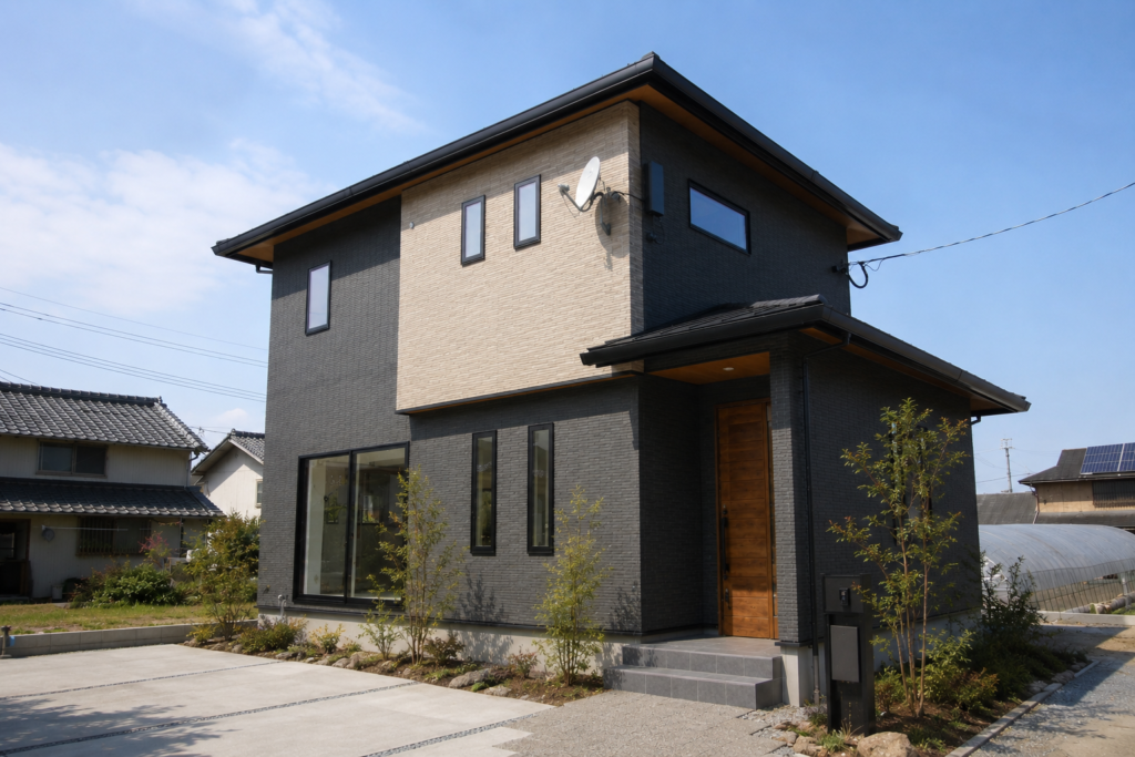 シックなダークグレーの外壁と、黒天井のキッチンが印象的な二階建ての住まい