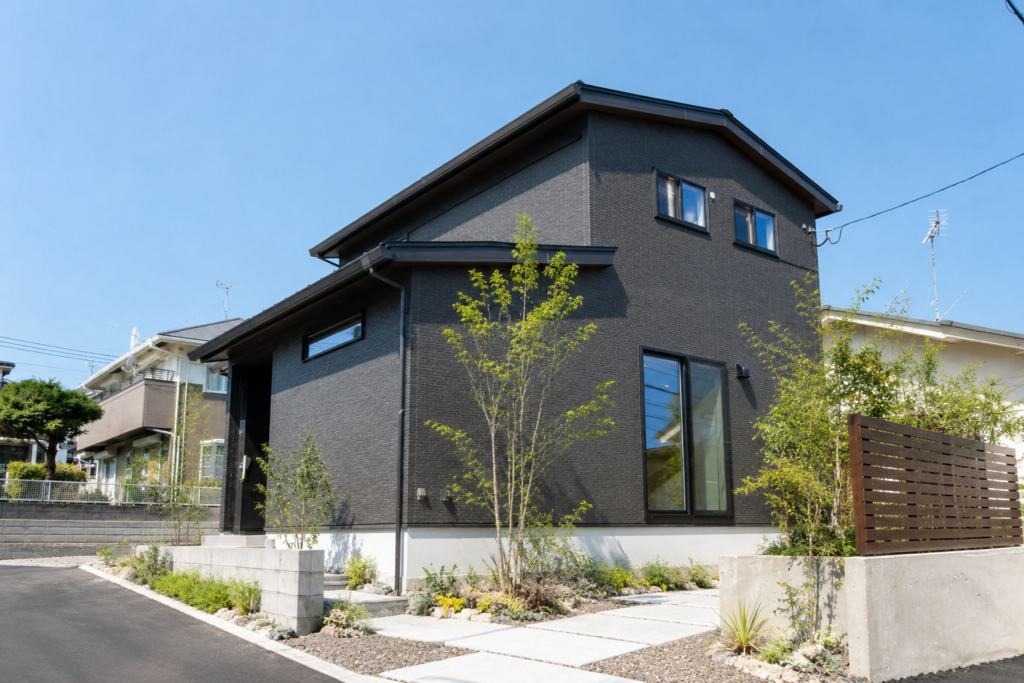 ダークカラーの外壁が引き締める、光あふれる二階建ての住まい