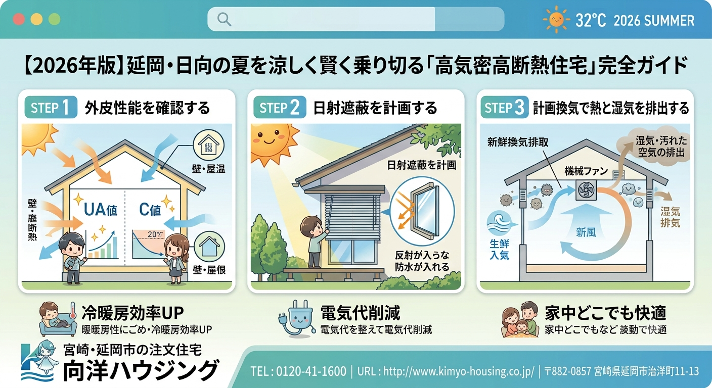 【2026年版】延岡・日向の夏を涼しく賢く乗り切る「高気密高断熱住宅」完全ガイド｜宮崎・延岡市の注文住宅 向洋ハウジング