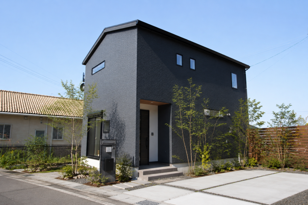 ダークカラーの外観が印象的な、収納にこだわった2階建て